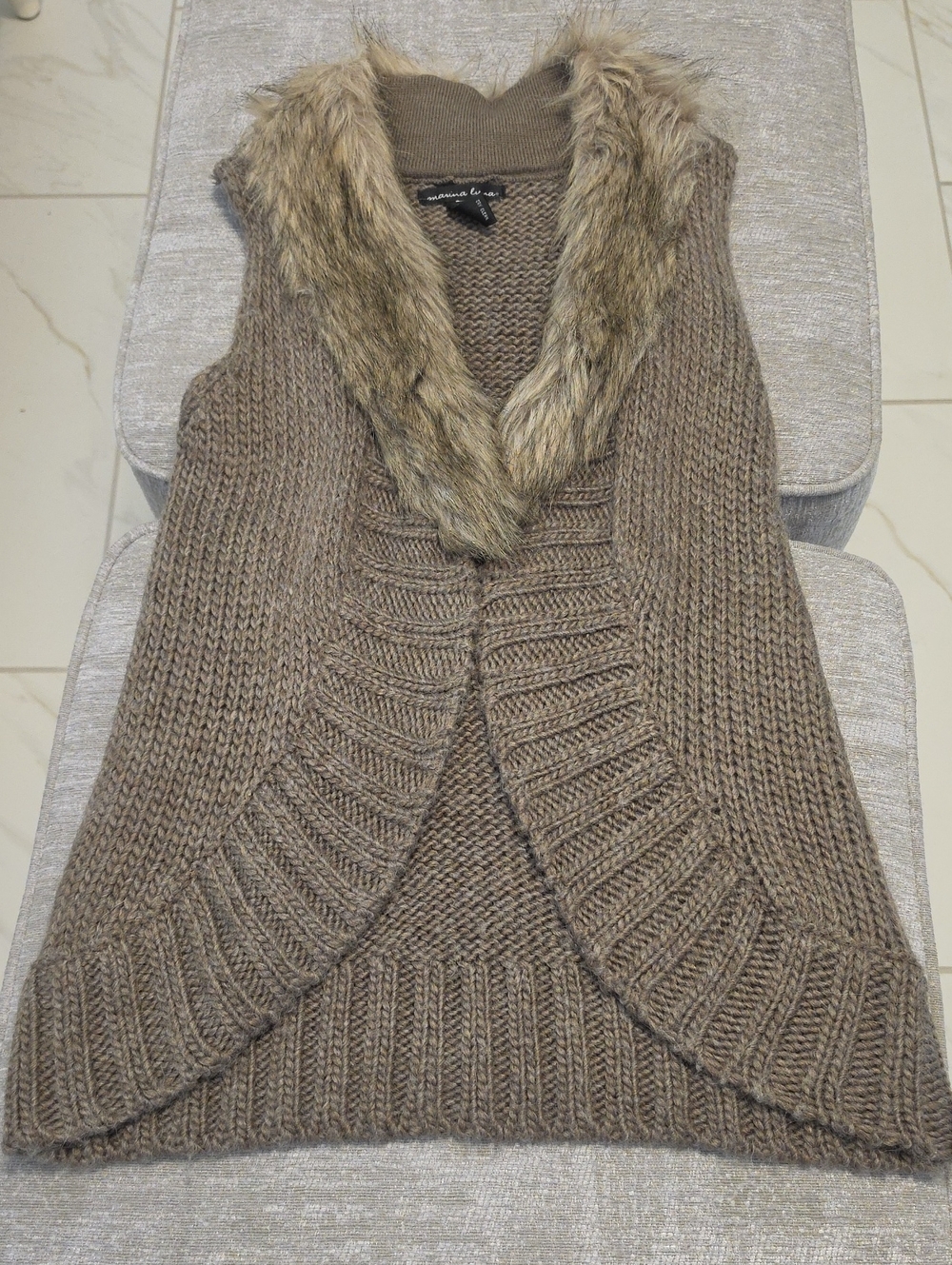 Marina Luna Faux Fur Trim Sleeveless Knit Cardigan Vest- Taupe